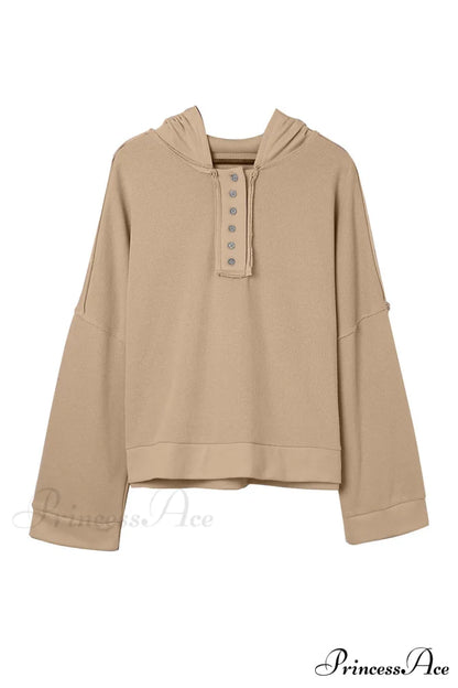 Button Khaki Solid Trim Casual Patchwork Hoodie