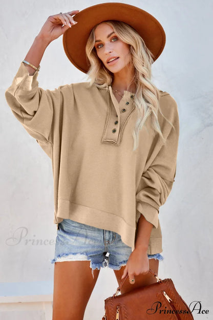 Button Khaki Solid Trim Casual Patchwork Hoodie