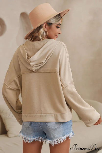 Button Khaki Solid Trim Casual Patchwork Hoodie