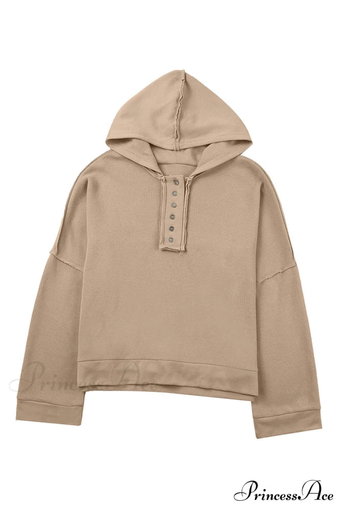 Button Khaki Solid Trim Casual Patchwork Hoodie