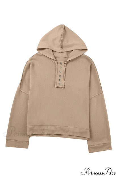 Button Khaki Solid Trim Casual Patchwork Hoodie