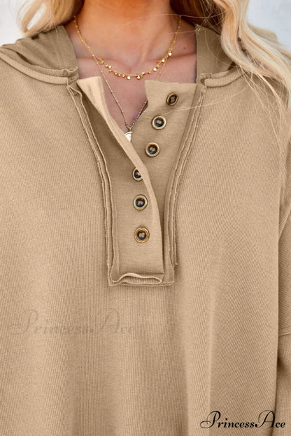 Button Khaki Solid Trim Casual Patchwork Hoodie
