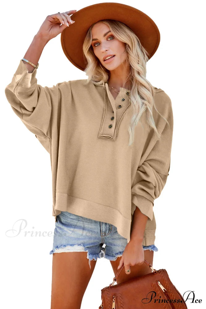 Button Khaki Solid Trim Casual Patchwork Hoodie
