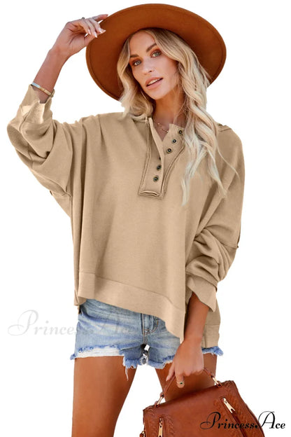 Button Khaki Solid Trim Casual Patchwork Hoodie
