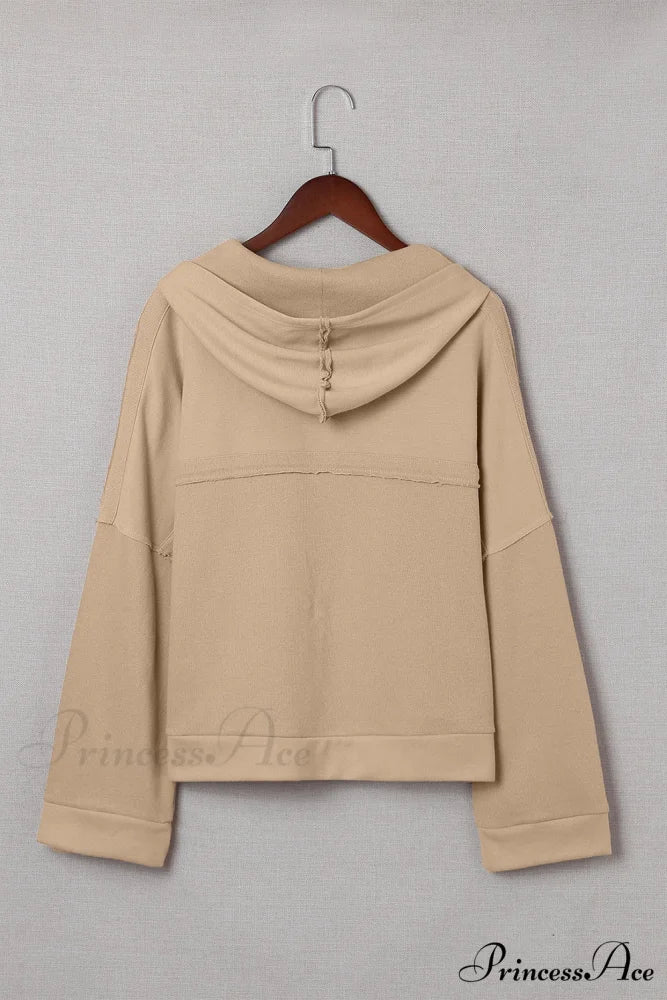 Button Khaki Solid Trim Casual Patchwork Hoodie