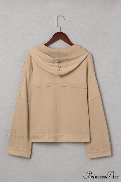 Button Khaki Solid Trim Casual Patchwork Hoodie