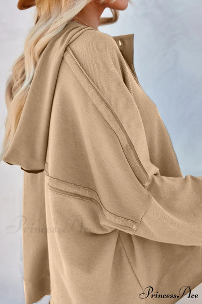 Button Khaki Solid Trim Casual Patchwork Hoodie