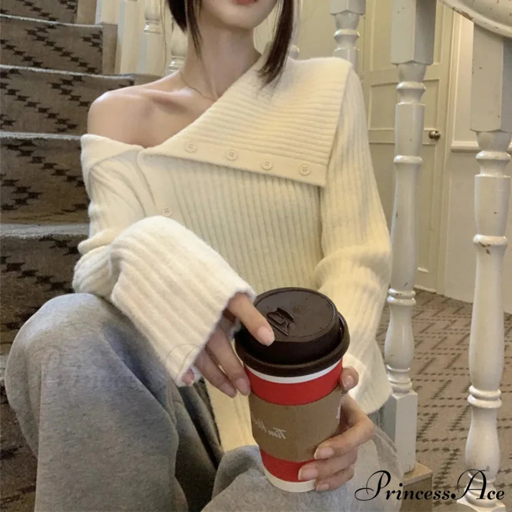 Button Off Shoulder Grey Pullover swraters-241228