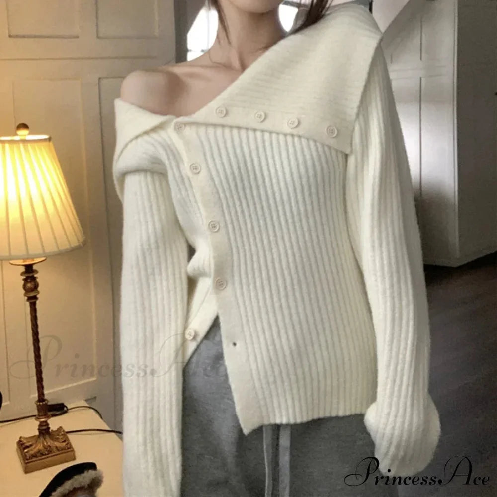 Button Off Shoulder Grey Pullover swraters-241228