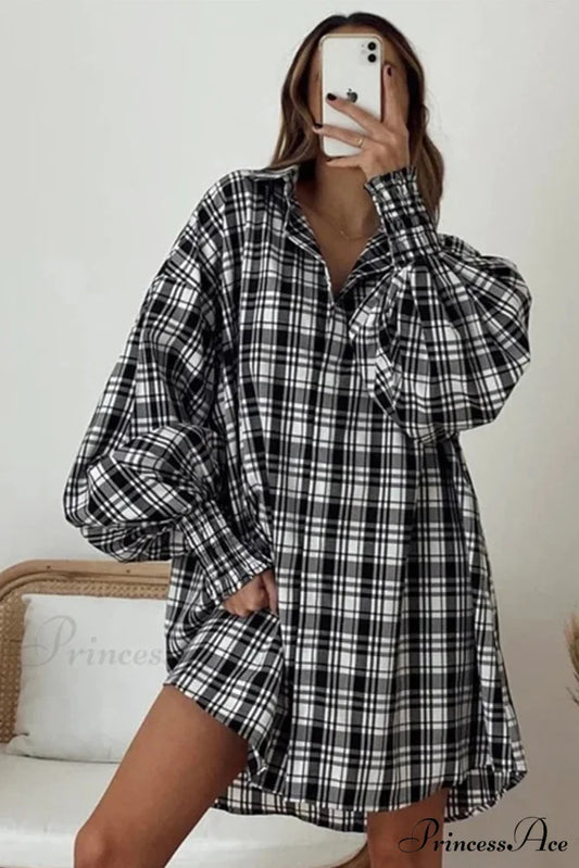 Button Plaid Arm Oversized Down Bishop Shirt