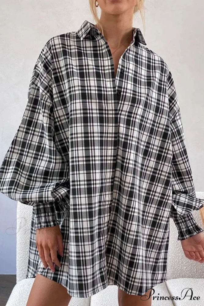 Button Plaid Arm Oversized Down Bishop Shirt Multicolour / L / 85% Polyester + 10% Viscose + 5% Elastane