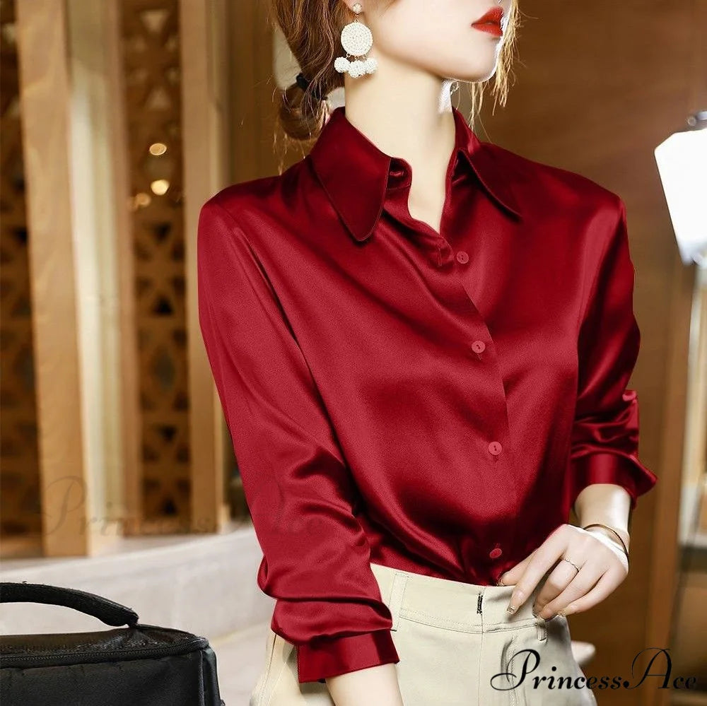 Button Satin - Women’s Blouse Silk Luxury Office Crepe Up Elegant Top