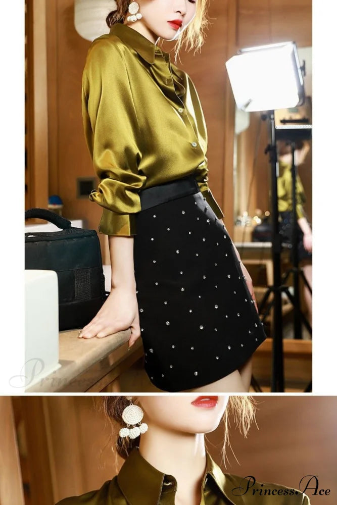 Button Satin - Women’s Blouse Silk Luxury Office Crepe Up Elegant Top