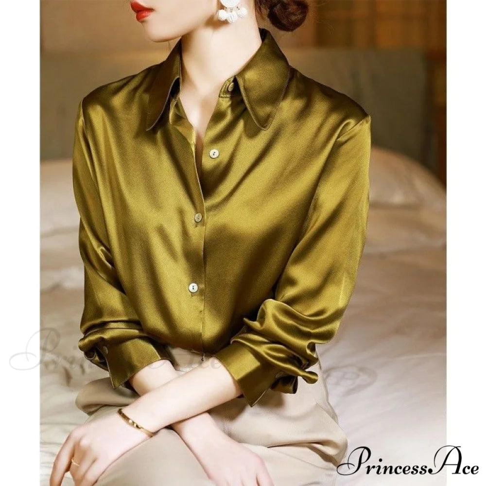 Button Satin - Women’s Blouse Silk Luxury Office Crepe Up Elegant Top