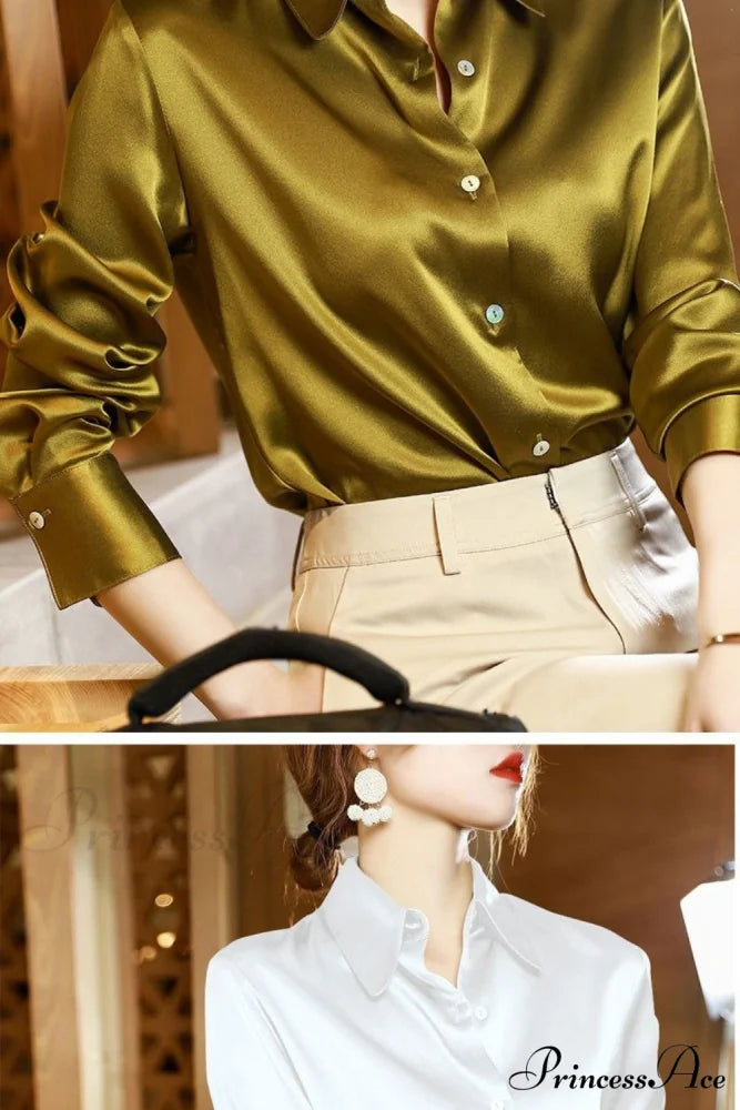 Button Satin - Women’s Blouse Silk Luxury Office Crepe Up Elegant Top