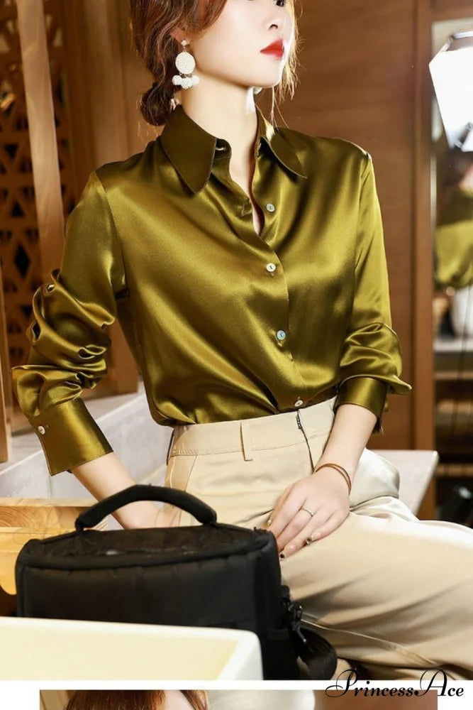 Button Satin - Women’s Blouse Silk Luxury Office Crepe Up Elegant Top