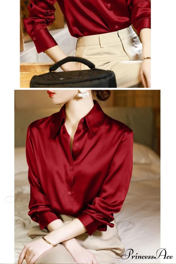 Button Satin - Women’s Blouse Silk Luxury Office Crepe Up Elegant Top