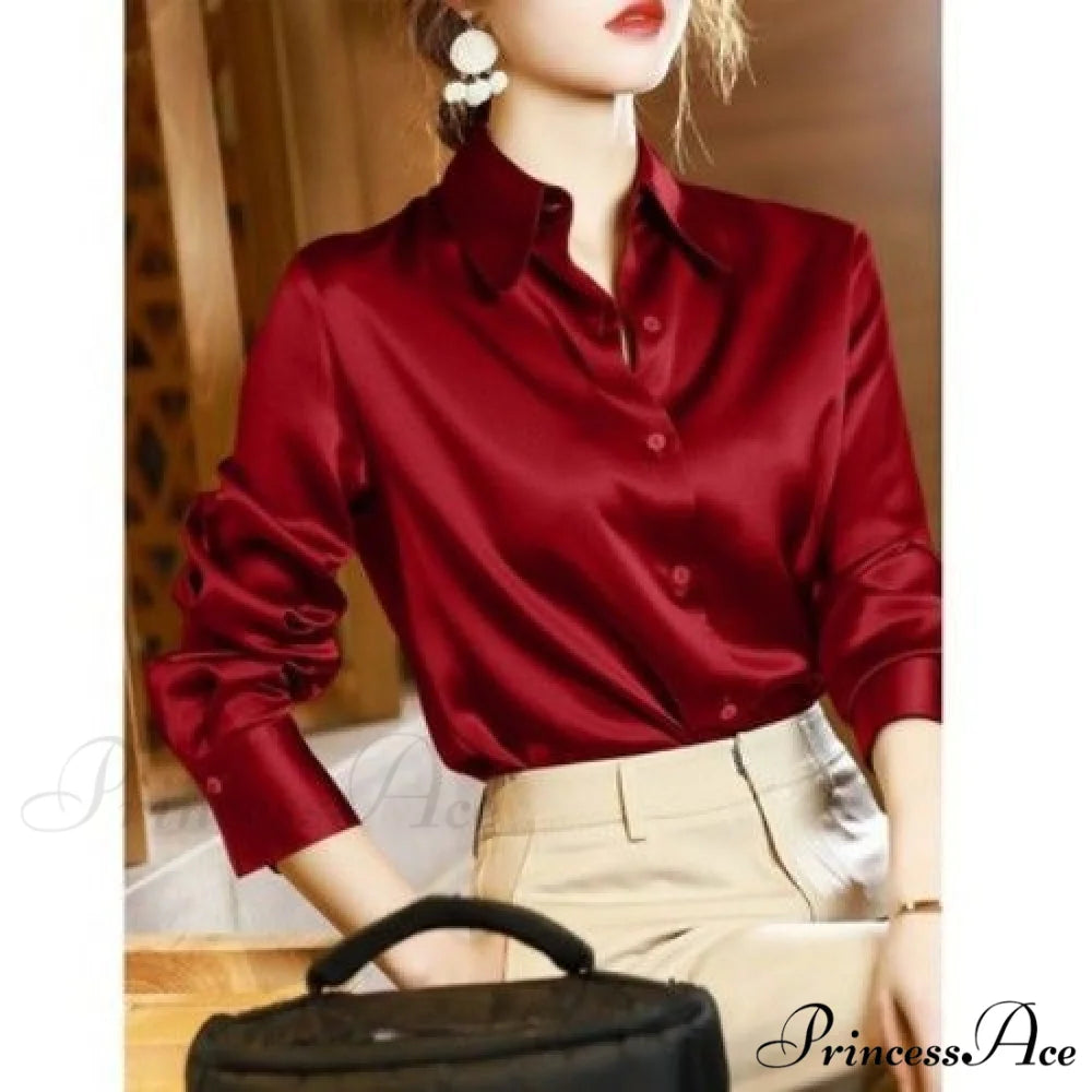 Button Satin - Women’s Blouse Silk Luxury Office Crepe Up Elegant Top Auburn / S