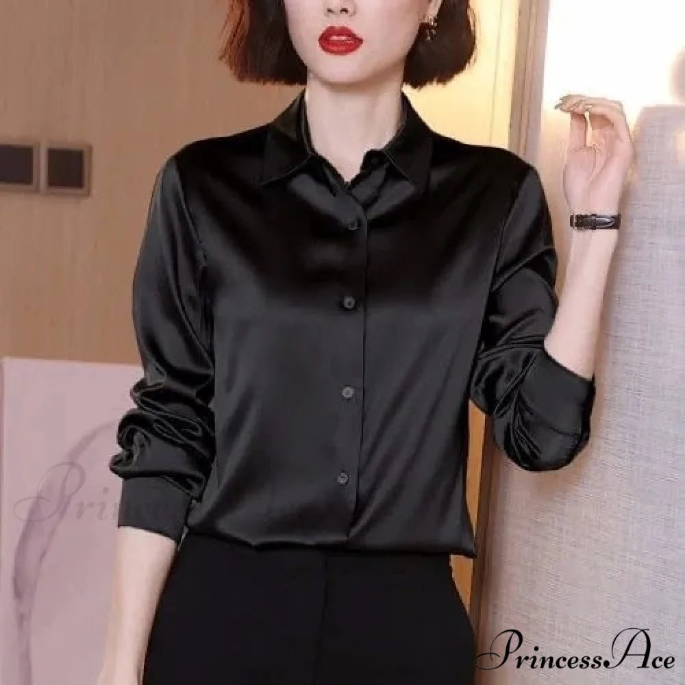 Button Satin - Women’s Blouse Silk Luxury Office Crepe Up Elegant Top black / S
