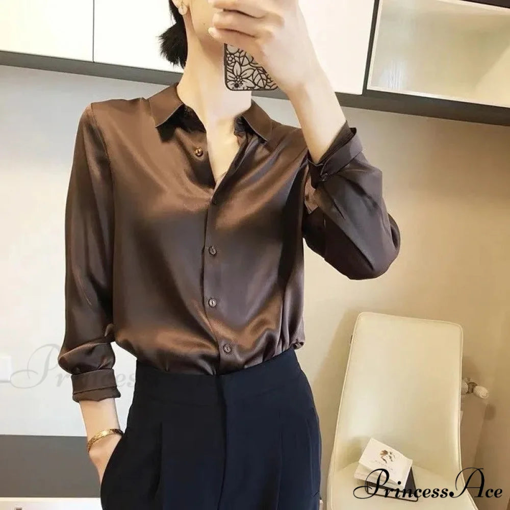 Button Satin - Women’s Blouse Silk Luxury Office Crepe Up Elegant Top chocolate / S