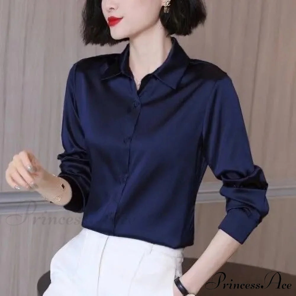 Button Satin - Women’s Blouse Silk Luxury Office Crepe Up Elegant Top dark blue / S