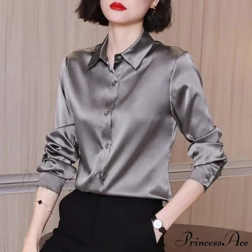 Button Satin - Women’s Blouse Silk Luxury Office Crepe Up Elegant Top grey / S