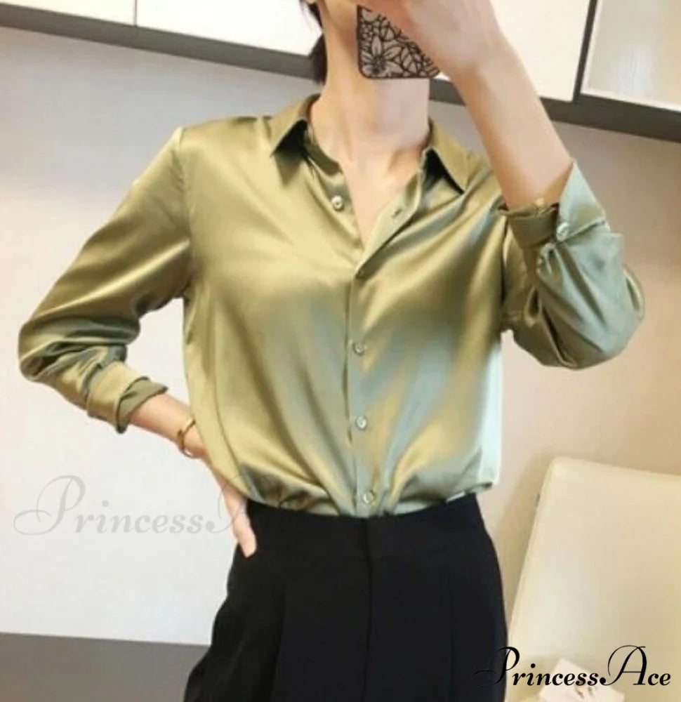 Button Satin - Women’s Blouse Silk Luxury Office Crepe Up Elegant Top lgreen / S