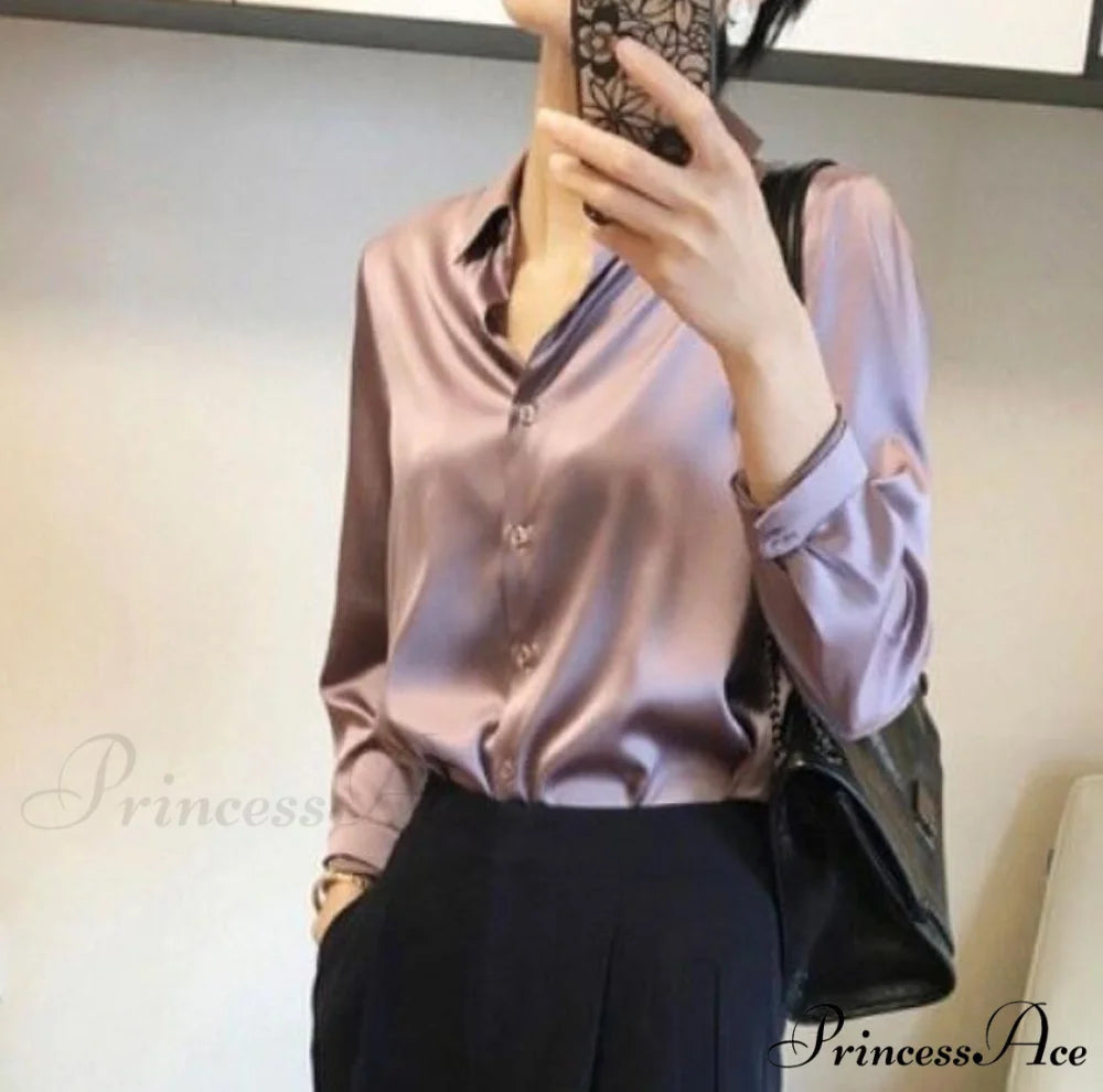 Button Satin - Women’s Blouse Silk Luxury Office Crepe Up Elegant Top light purple / S