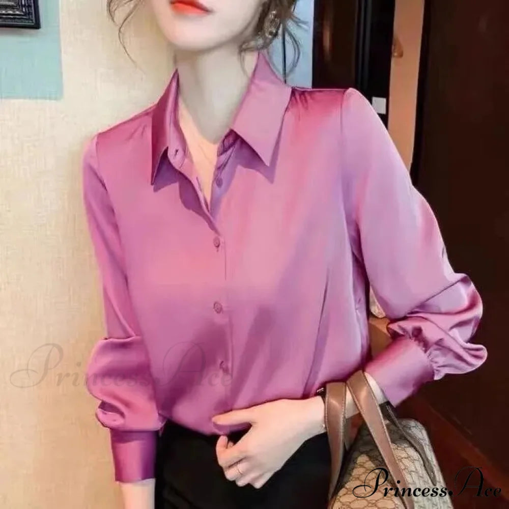 Button Satin - Women’s Blouse Silk Luxury Office Crepe Up Elegant Top rose / S