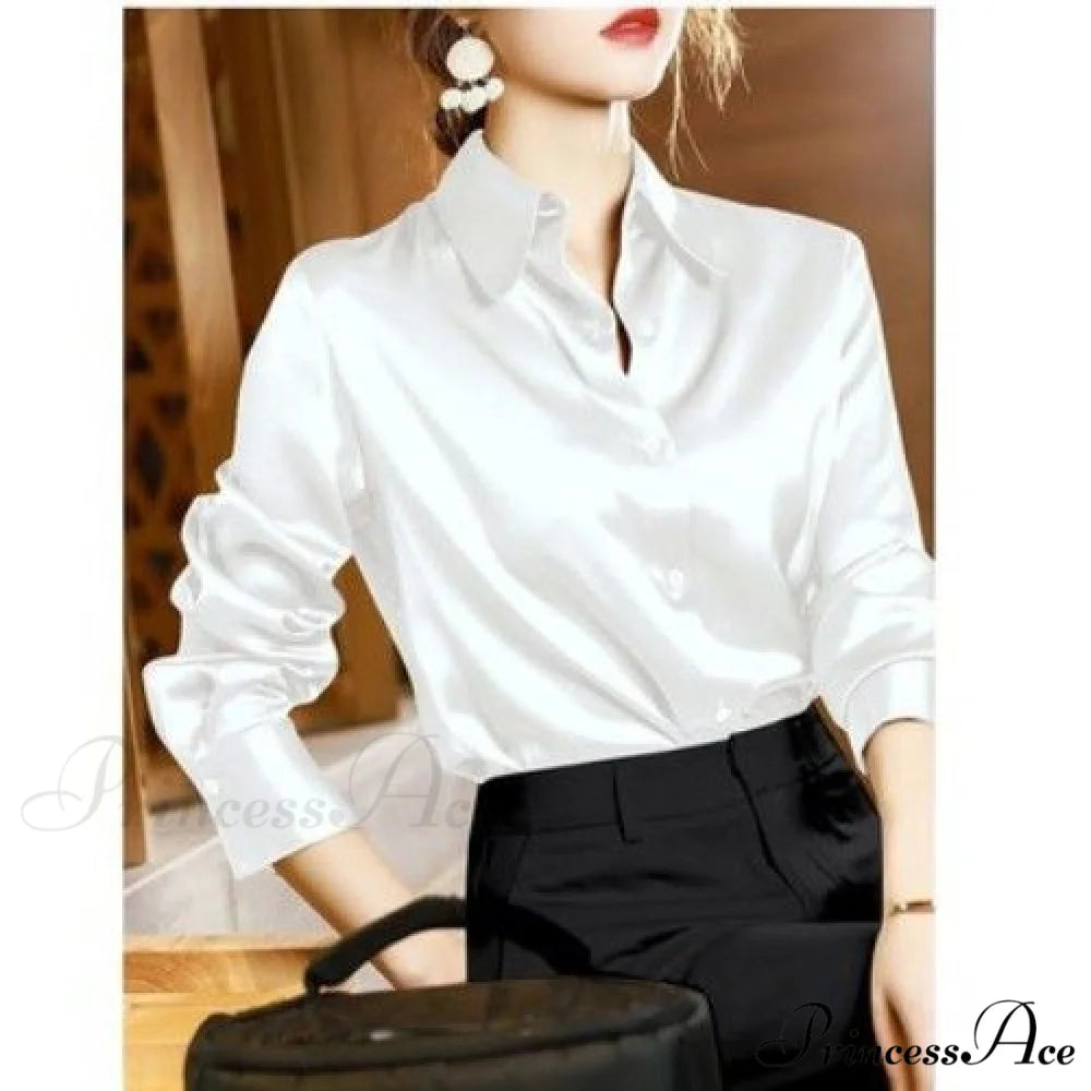 Button Satin - Women’s Blouse Silk Luxury Office Crepe Up Elegant Top white / S