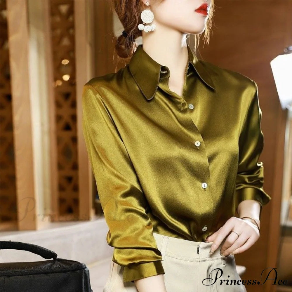 Button Satin - Women’s Blouse Silk Luxury Office Crepe Up Elegant Top Yellow / S