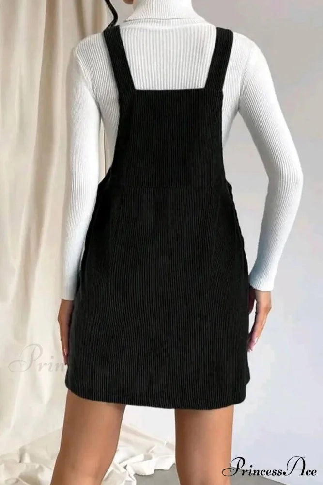 Button Strap Corduroy Dress Black / S