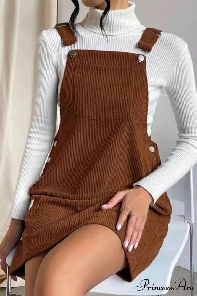 Button Strap Corduroy Dress Coffee / S