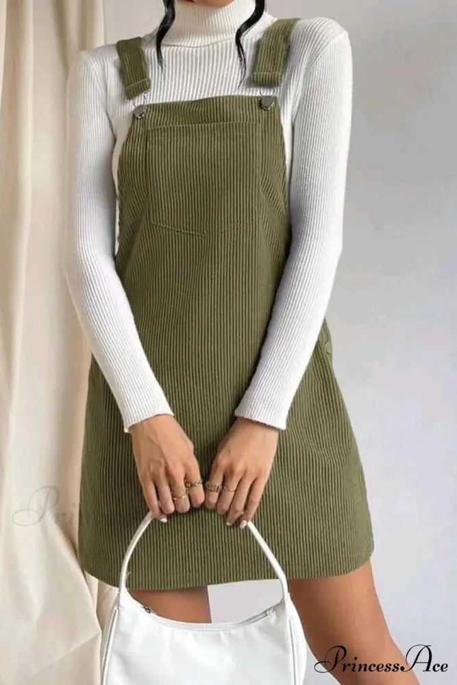 Button Strap Corduroy Dress Green / S