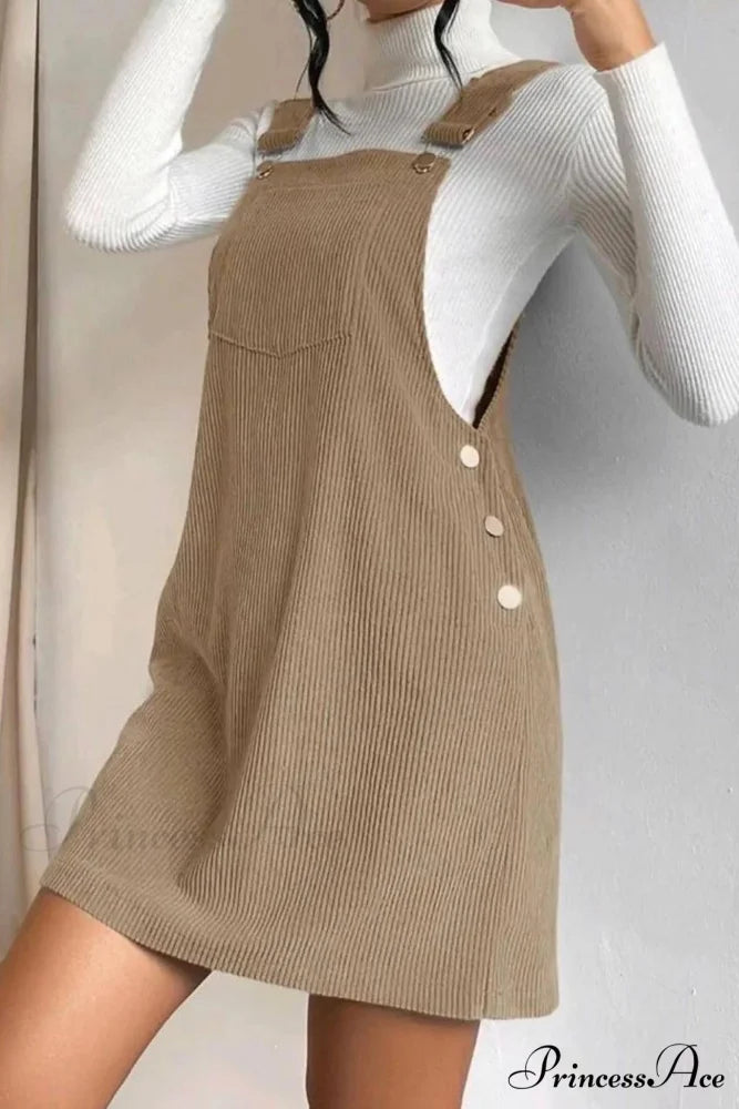 Button Strap Corduroy Dress Khaki / S
