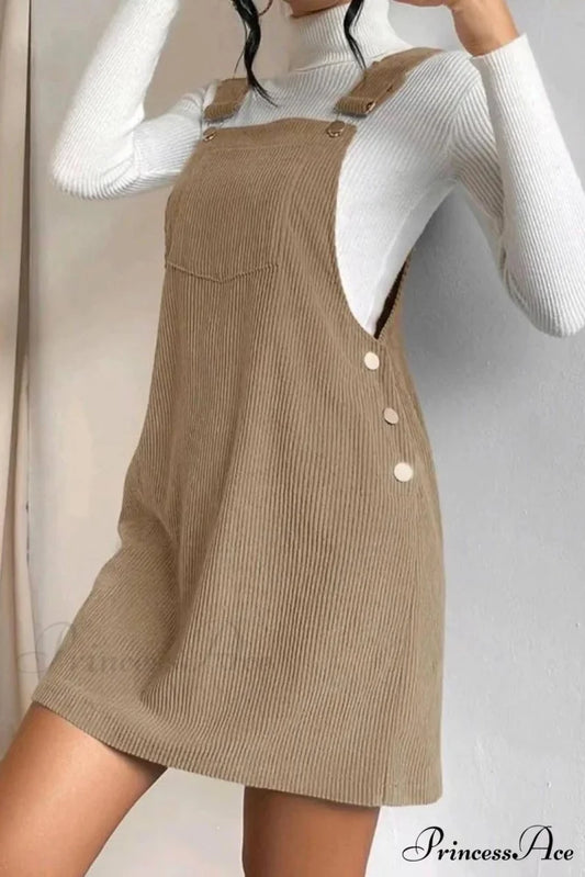 Button Strap Corduroy Dress Khaki / S