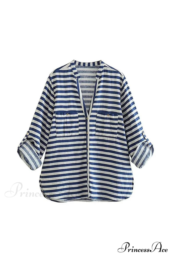 Button-Up Arm Pocket V-neck Roll-up Top Blue Striped / XS