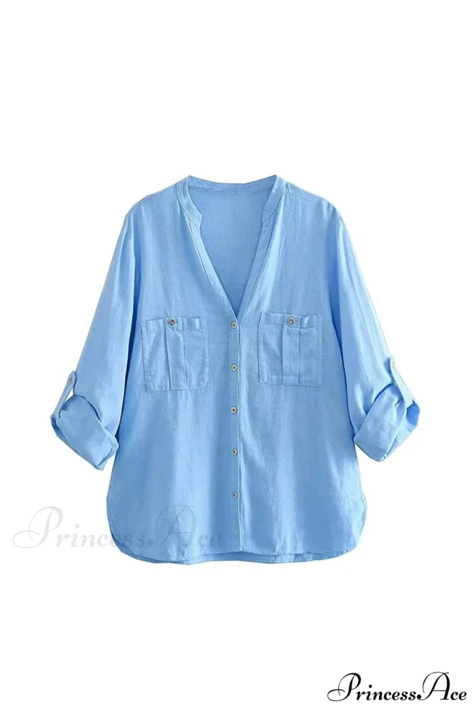 Button-Up Arm Pocket V-neck Roll-up Top Blue / XS