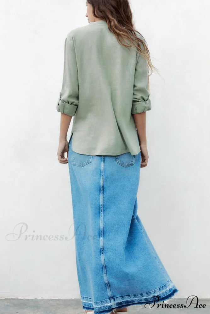 Button-Up Arm Pocket V-neck Roll-up Top Green / L