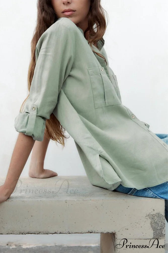 Button-Up Arm Pocket V-neck Roll-up Top Green / M
