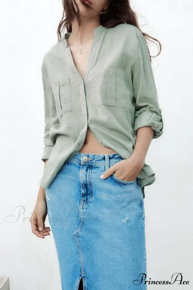 Button-Up Arm Pocket V-neck Roll-up Top Green / S