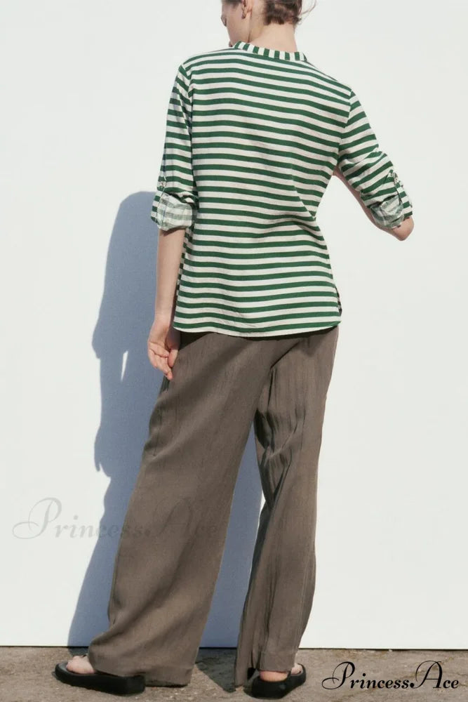 Button-Up Arm Pocket V-neck Roll-up Top Green Striped / L