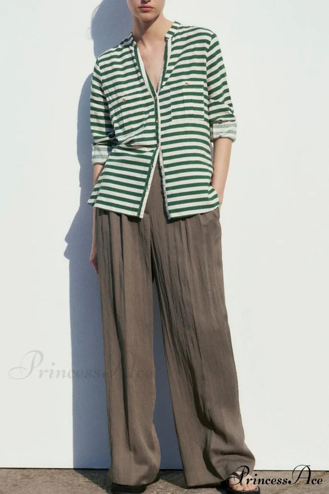 Button-Up Arm Pocket V-neck Roll-up Top Green Striped / M