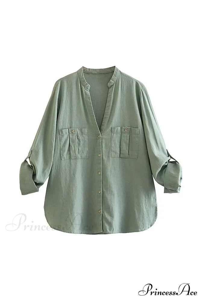Button-Up Arm Pocket V-neck Roll-up Top Green / XS