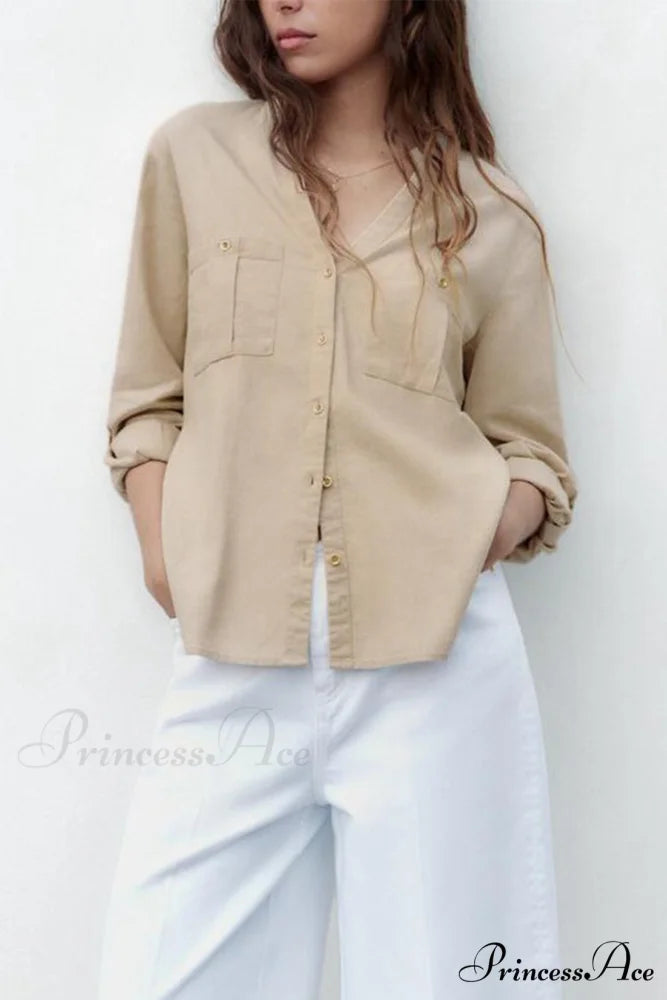 Button-Up Arm Pocket V-neck Roll-up Top Khaki / M