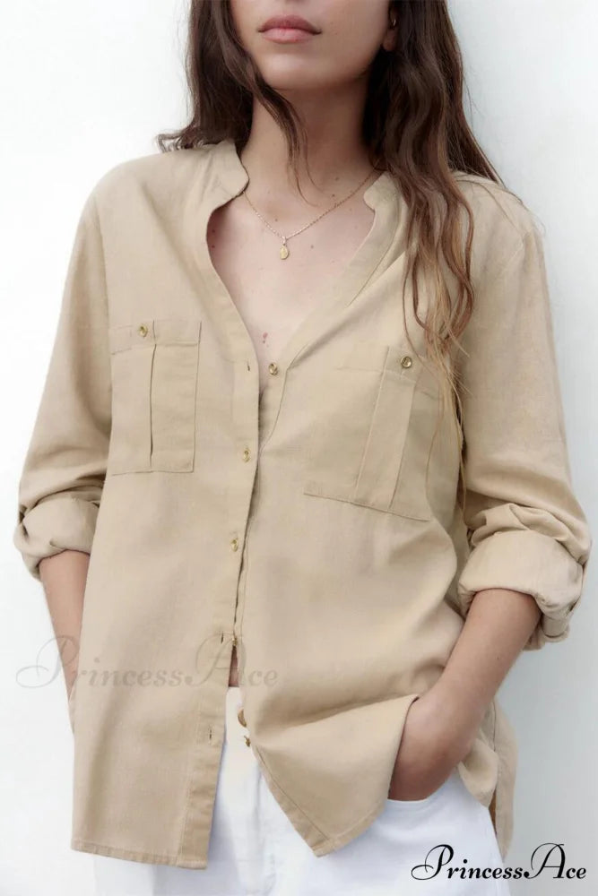Button-Up Arm Pocket V-neck Roll-up Top Khaki / S