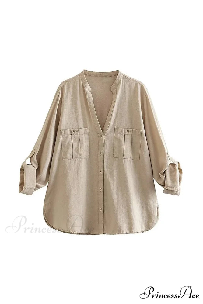 Button-Up Arm Pocket V-neck Roll-up Top Khaki / XS