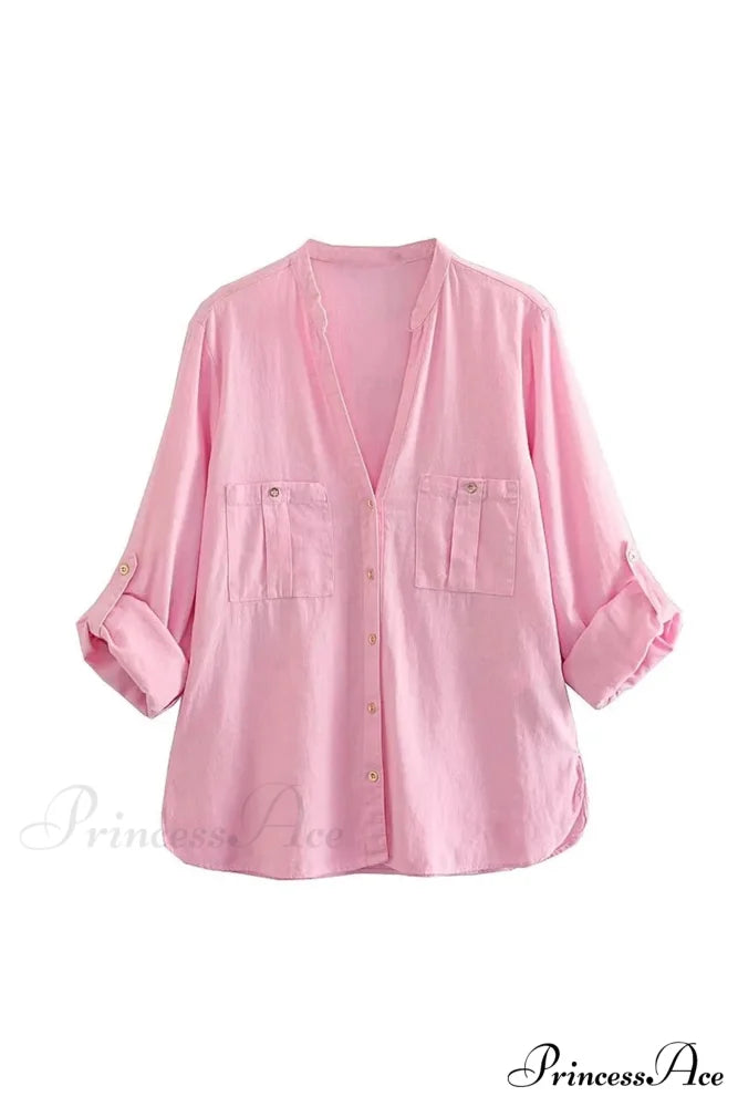 Button-Up Arm Pocket V-neck Roll-up Top Pink / XS