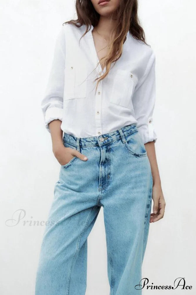 Button-Up Arm Pocket V-neck Roll-up Top White / M