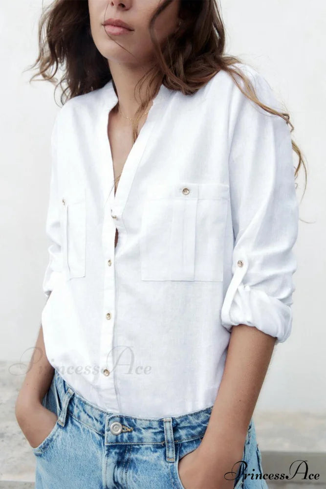 Button-Up Arm Pocket V-neck Roll-up Top White / S